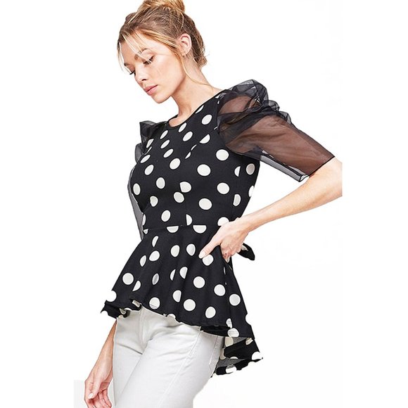 Retro Sheer Puff Polka Dot Blouse Top - Picture 4 of 7